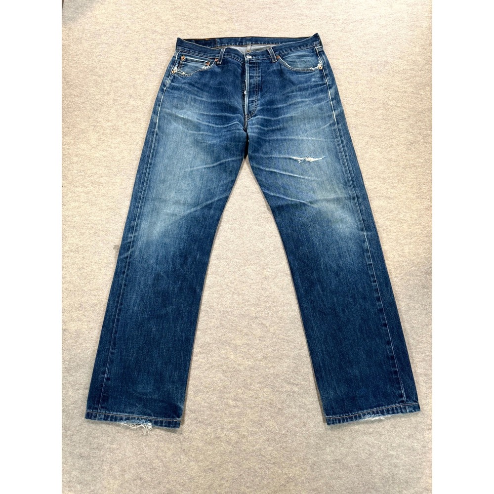 Levis 501 Jeans Mens 36x36 Blue Denim Straight Leg Dark Wash Cotton Distressed
